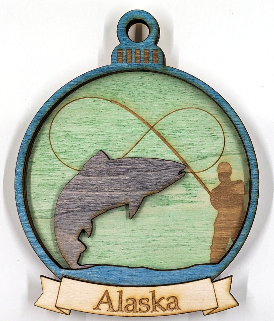 Alaska Christmas ornament, salmon fishing scene with green background and Alaska banner